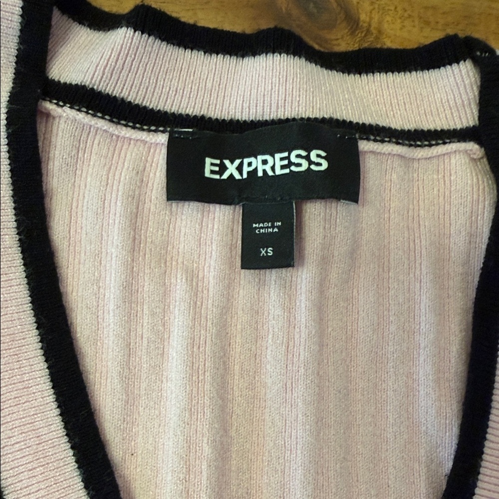 Express Pink Ribbed Cardigan with Black Trim and Gold Buttons. Womens XSmall - Picture 3 of 6